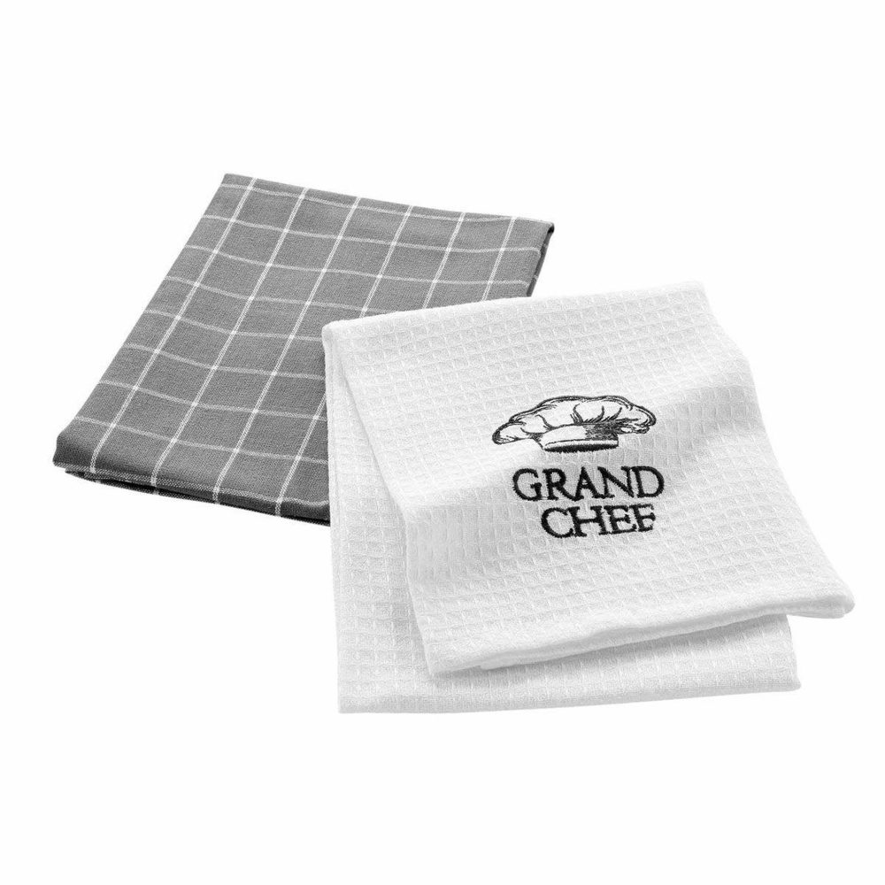 d'Intérieur Lot de 2 torchons de cuisine grand chef 50x70cm blanc & gris – Douceur